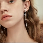 1 Pc Long Tassel Zircon Ears Cuffs Silver Color Cross Fake Cartilage Ear Clips Earrings for Women Ms Wedding Daily Jewelry Gift