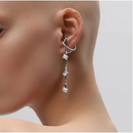 1 Pc Long Tassel Zircon Ears Cuffs Silver Color Cross Fake Cartilage Ear Clips Earrings for Women Ms Wedding Daily Jewelry Gift