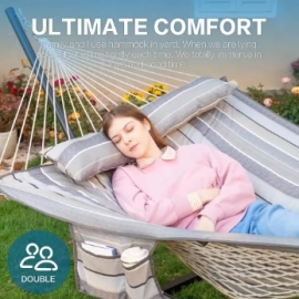 Double Hammock with Stand for Outside, Rope Hammocks with Polyester Pad 2 Person, 12ft Heavy Duty Stand, Extra Pillow