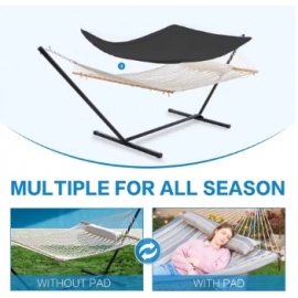 Double Hammock with Stand for Outside, Rope Hammocks with Polyester Pad 2 Person, 12ft Heavy Duty Stand, Extra Pillow