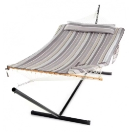 Double Hammock with Stand for Outside, Rope Hammocks with Polyester Pad 2 Person, 12ft Heavy Duty Stand, Extra Pillow